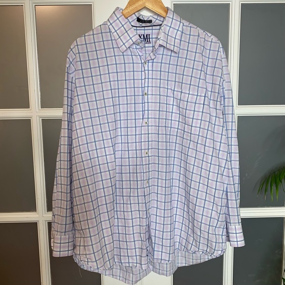 EUC Men’s Size 18 34/35, XMI Platinum Blue & Pink Plaid Button Down Dress Shirt - Picture 3 of 13
